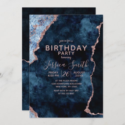 Navy Blue  Rose Gold Birthday Party Invitation