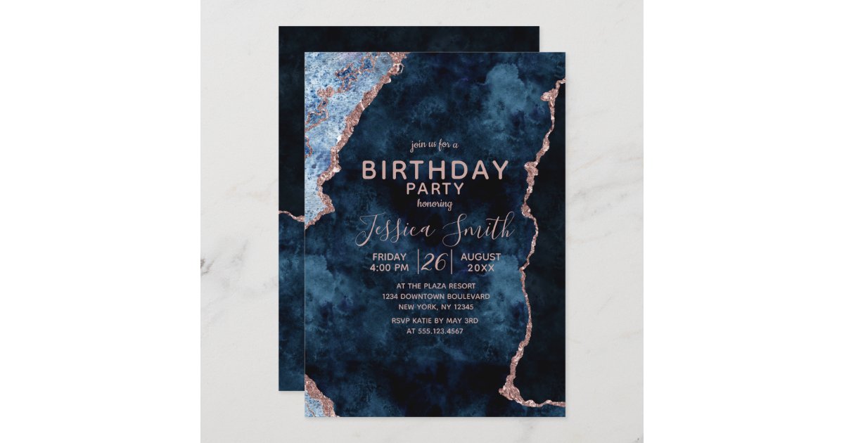 Navy Blue & Rose Gold Birthday Party Invitation | Zazzle