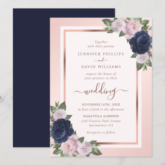 Navy Blue Rose Gold Blush Floral Wedding Invitation