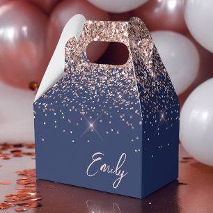Navy Blue Rose Gold Blush Glitter Monogram Favor Boxes