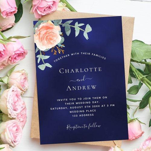 Navy blue rose gold blush greenery luxury wedding invitation