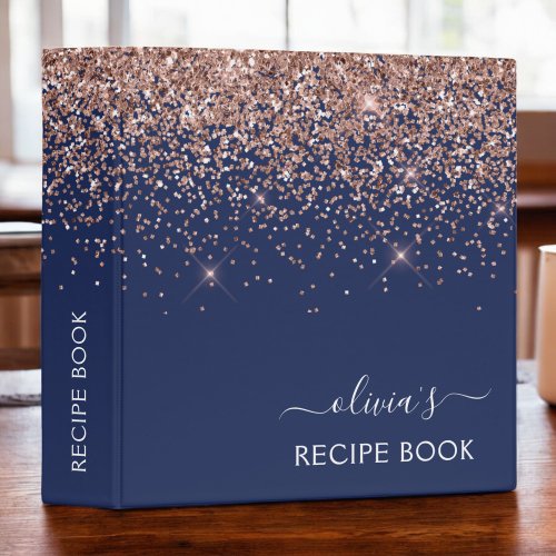 Navy Blue Rose Gold Blush Pink Glitter Monogram 3 Ring Binder