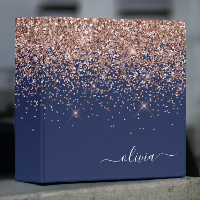Navy Blue Rose Gold Blush Pink Glitter Monogram 3 Ring Binder | Zazzle