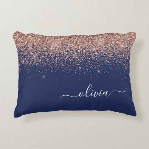 Navy Blue Rose Gold Blush Pink Glitter Monogram Accent Pillow