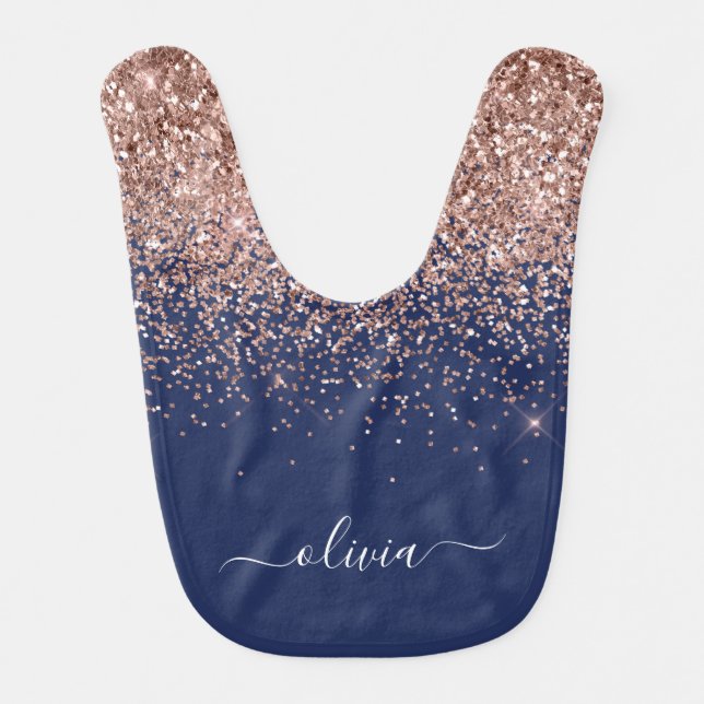 Navy Blue Rose Gold Blush Pink Glitter Monogram Baby Bib (Front)