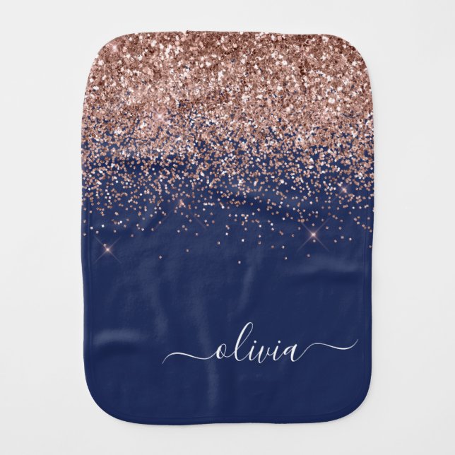 Navy Blue Rose Gold Blush Pink Glitter Monogram Baby Burp Cloth (Front)