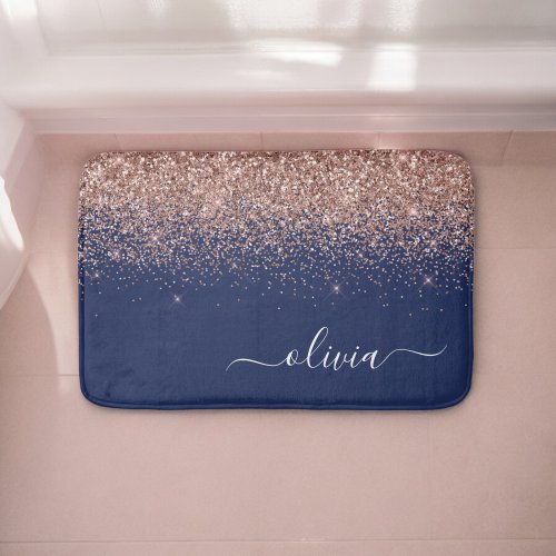 Navy Blue Rose Gold Blush Pink Glitter Monogram Bath Mat