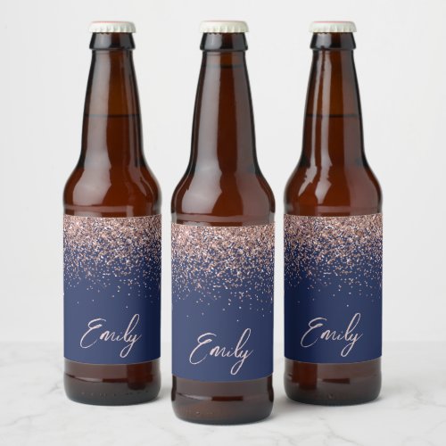 Navy Blue Rose Gold Blush Pink Glitter Monogram Beer Bottle Label