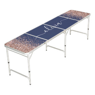 Navy Blue Rose Gold Blush Pink Glitter Monogram Beer Pong Table