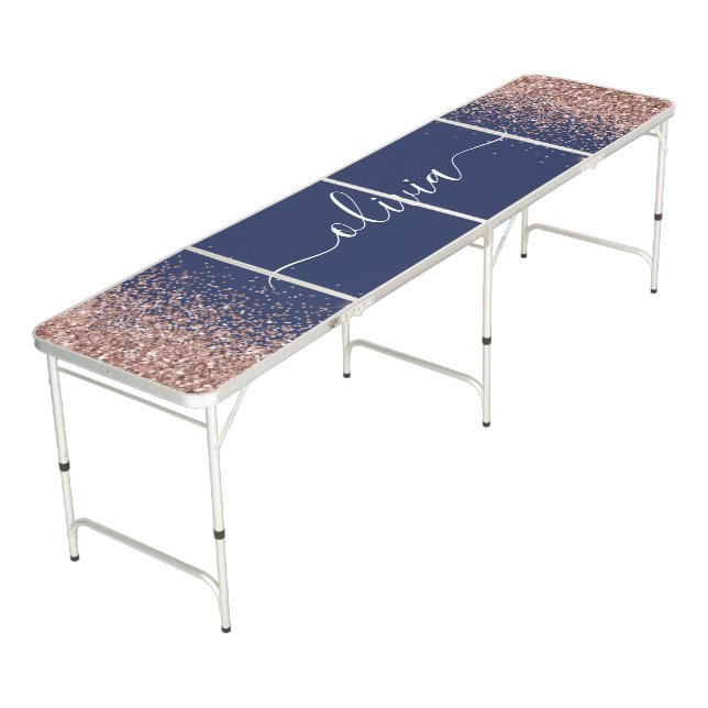 Navy Blue Rose Gold Blush Pink Glitter Monogram Beer Pong Table (Angled)