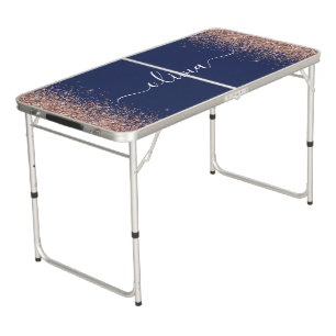 Navy Blue Rose Gold Blush Pink Glitter Monogram Beer Pong Table