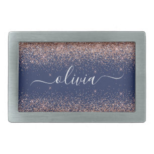 Navy Blue Rose Gold Blush Pink Glitter Monogram Belt Buckle