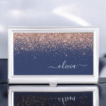 Navy Blue Rose Gold Blush Pink Glitter Monogram Business Card Case<br><div class="desc">Navy Blue and Rose Gold - Blush Pink Sparkle Glitter Script Monogram Name Business Card Holder. This makes the perfect sweet 16 birthday,  wedding,  bridal shower,  anniversary,  baby shower or bachelorette party gift for someone that loves glam luxury and chic styles.</div>