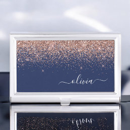 Navy Blue Rose Gold Blush Pink Glitter Monogram Business Card Case