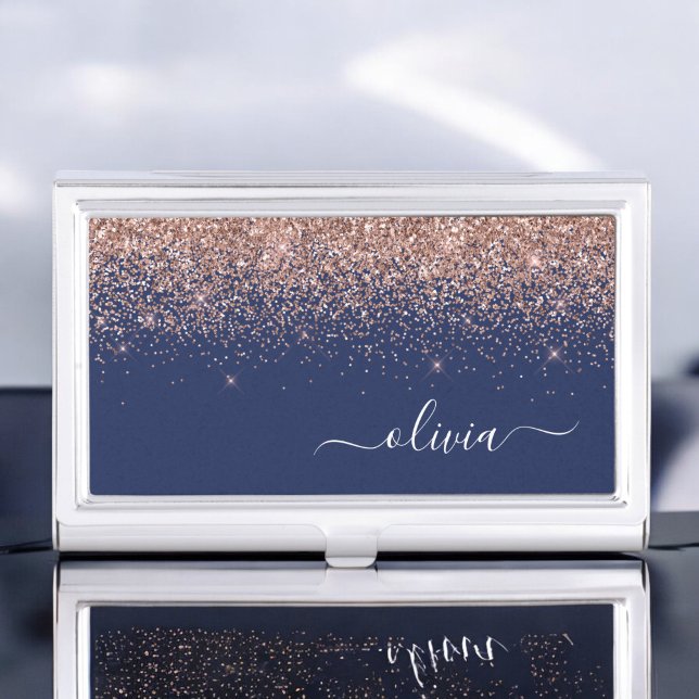 Navy Blue Rose Gold Blush Pink Glitter Monogram Business Card Case (Creator Uploaded)