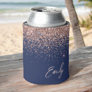 Navy Blue Rose Gold Blush Pink Glitter Monogram Can Cooler