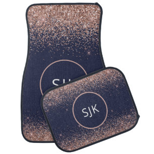 Navy Blue Rose Gold Blush Pink Glitter Monogram Car Floor Mat