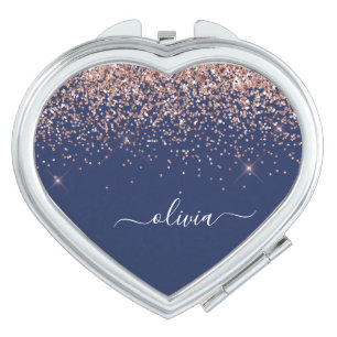 Navy Blue Rose Gold Blush Pink Glitter Monogram Compact Mirror