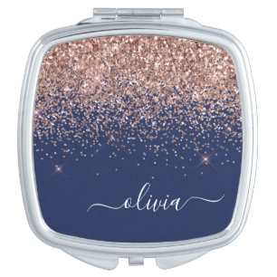 Navy Blue Rose Gold Blush Pink Glitter Monogram Compact Mirror
