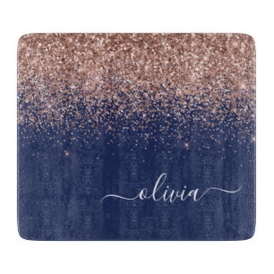 Navy Blue Rose Gold Blush Pink Glitter Monogram Cutting Board