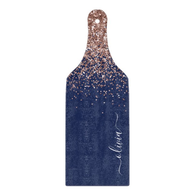 Navy Blue Rose Gold Blush Pink Glitter Monogram Cutting Board (Front)