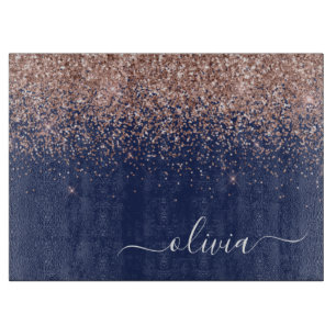 Navy Blue Rose Gold Blush Pink Glitter Monogram Cutting Board