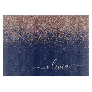 Navy Blue Rose Gold Blush Pink Glitter Monogram Cutting Board