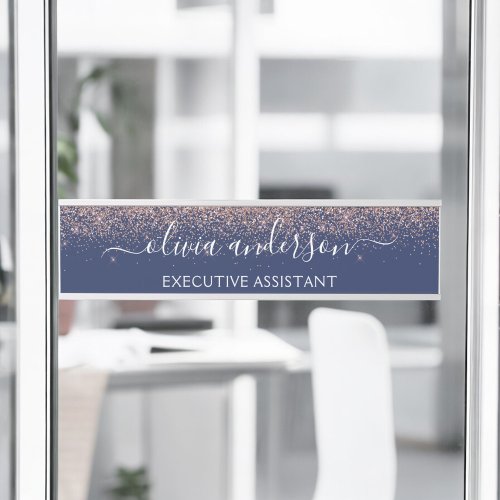 Navy Blue Rose Gold Blush Pink Glitter Monogram Door Sign