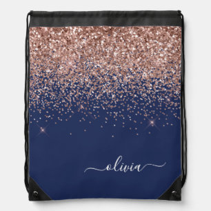 Navy Blue Rose Gold Blush Pink Glitter Monogram Drawstring Bag