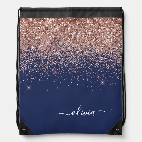 Navy Blue Rose Gold Blush Pink Glitter Monogram Drawstring Bag