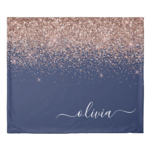 Navy Blue Rose Gold Blush Pink Glitter Monogram Duvet Cover