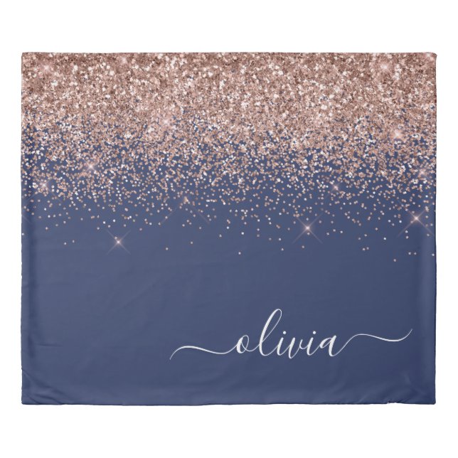 Navy Blue Rose Gold Blush Pink Glitter Monogram Duvet Cover (Front)