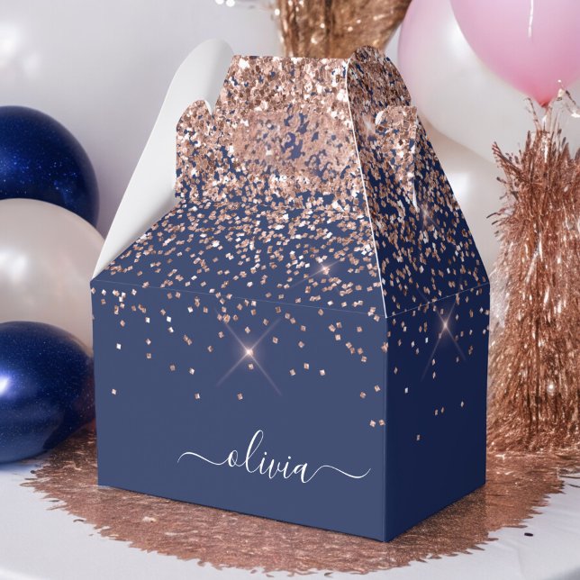 Navy Blue Rose Gold Blush Pink Glitter Monogram Favor Boxes (Creator Uploaded)