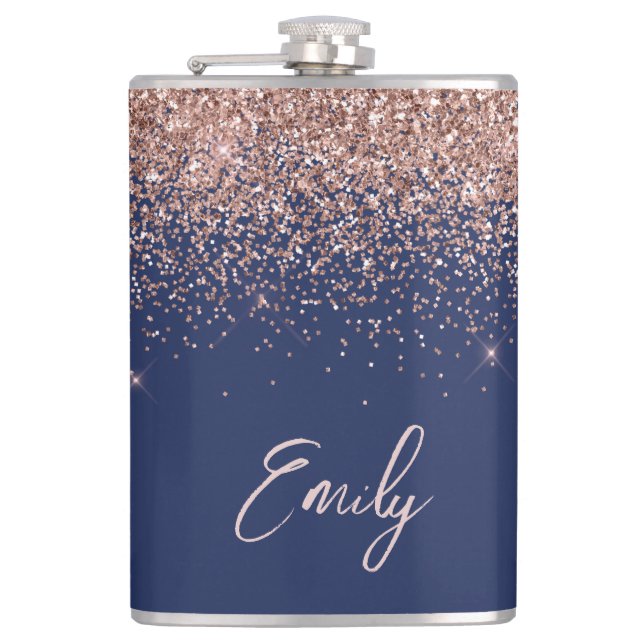 Navy Blue Rose Gold Blush Pink Glitter Monogram Flask (Front)