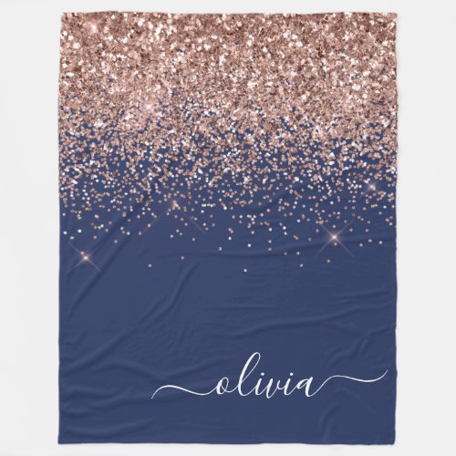 Navy Blue Rose Gold Blush Pink Glitter Monogram Fleece Blanket