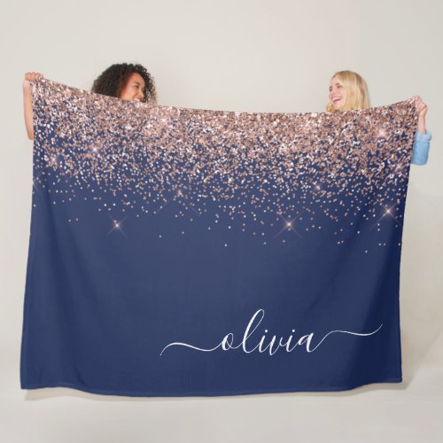 Navy Blue Rose Gold Blush Pink Glitter Monogram Fleece Blanket