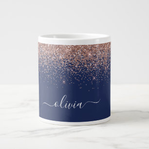 Navy Blue Rose Gold Blush Pink Glitter Monogram Giant Coffee Mug