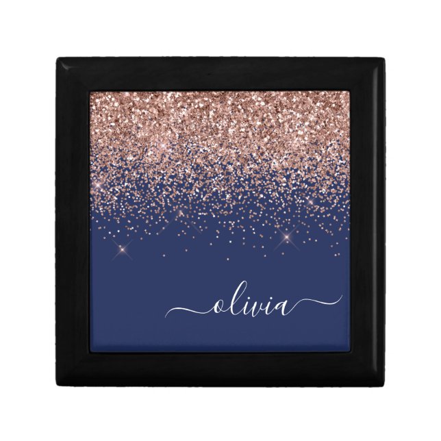 Navy Blue Rose Gold Blush Pink Glitter Monogram Gift Box (Front)