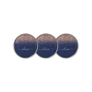 Navy Blue Rose Gold Blush Pink Glitter Monogram Golf Ball Marker