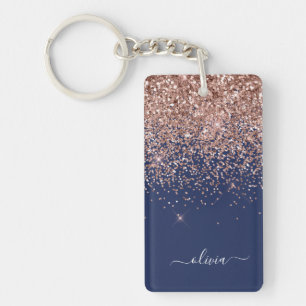 Navy Blue Rose Gold Blush Pink Glitter Monogram Keychain
