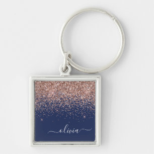 Navy Blue Rose Gold Blush Pink Glitter Monogram Keychain