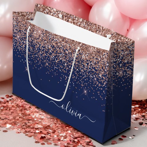 Navy Blue Rose Gold Blush Pink Glitter Monogram Large Gift Bag