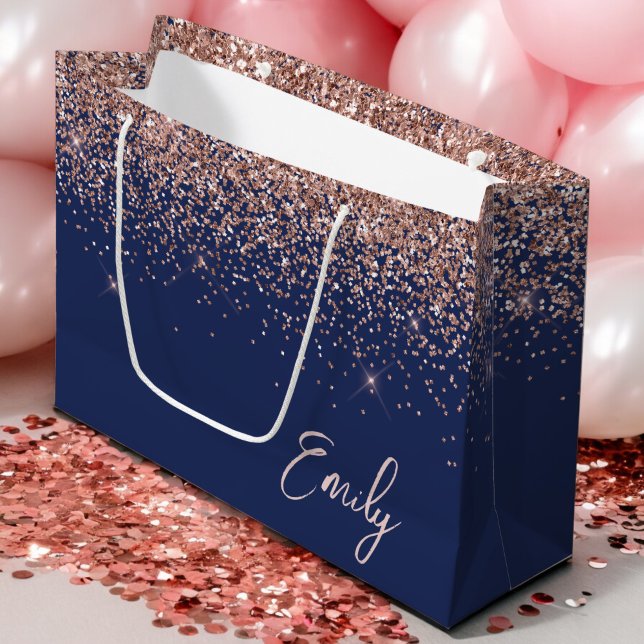 Navy Blue Rose Gold Blush Pink Glitter Monogram Large Gift Bag (Creator Uploaded)