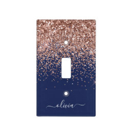 Navy Blue Rose Gold Blush Pink Glitter Monogram Light Switch Cover