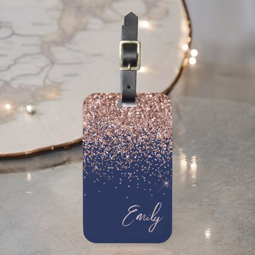 Navy Blue Rose Gold Blush Pink Glitter Monogram Luggage Tag