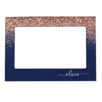 Navy Blue Rose Gold Blush Pink Glitter Monogram Magnetic Frame