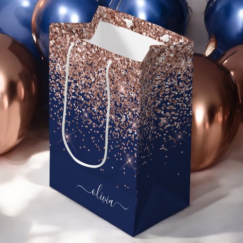 Navy Blue Rose Gold Blush Pink Glitter Monogram Medium Gift Bag