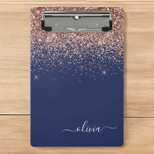 Navy Blue Rose Gold Blush Pink Glitter Monogram Mini Clipboard