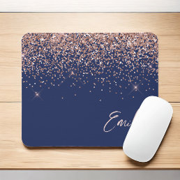 Navy Blue Rose Gold - Blush Pink Glitter Monogram Mouse Pad