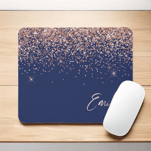 Navy Blue Rose Gold _ Blush Pink Glitter Monogram Mouse Pad